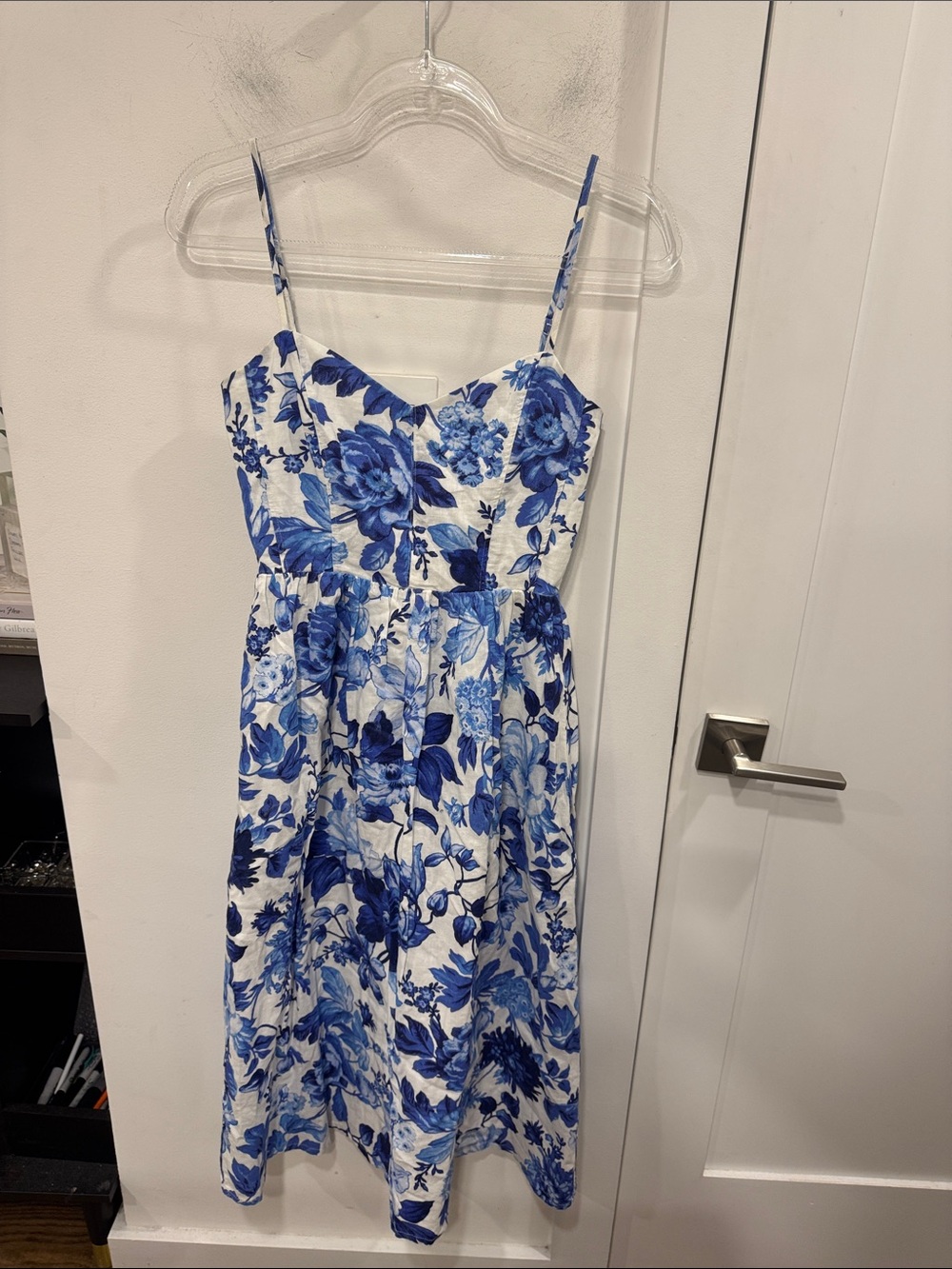 H&M White and Blue Linen Floral Midi Dress